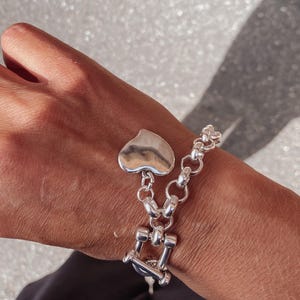 Horseshoe  Heart Chain Bracelet - t bar heart charm bracelet, thick silver plated chain
