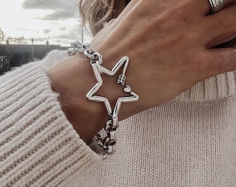 Chunky Large Star Bracelet - antique silver plated belcher chain, chunky spring clasp statement bracelet, statement layering bracelet