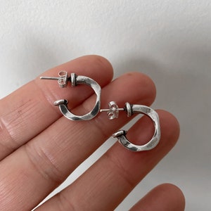 Small Chunky Misshapen Hoops - everyday earrings stack earrings, antique silver shiny hoops - e4