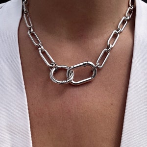 Chunky Silver Chain Statement Necklace - Carabiner Clasp Choker