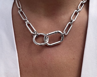 Chunky Silver Chain Statement Necklace - Carabiner Clasp Choker
