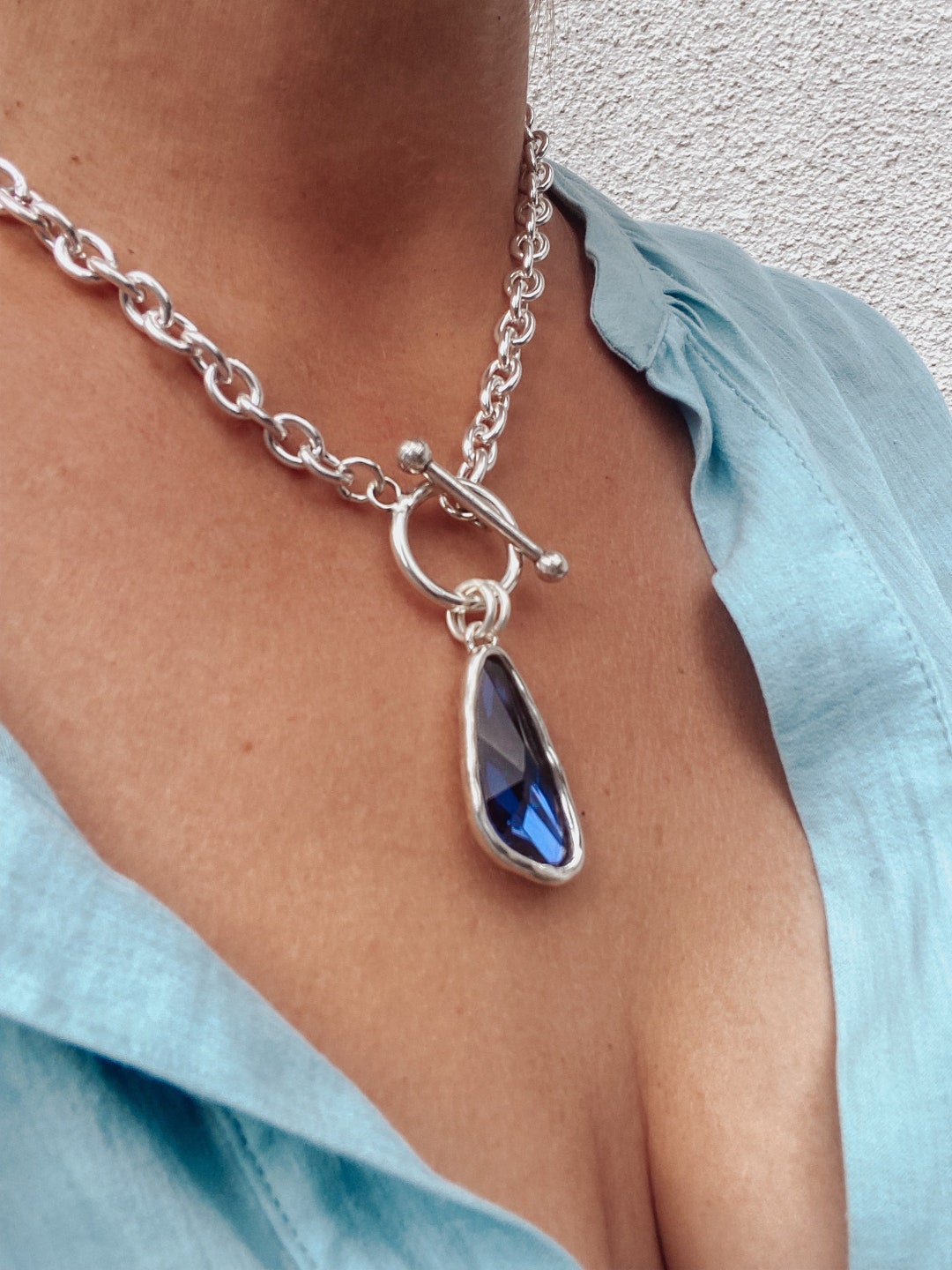 Midnight Blue Crystal Necklace - Chunky T Bar Statement Choker