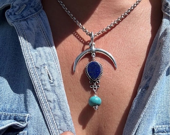Lapis Lazuli & Thtquoise Boho Necklace - bohemian blue gemstone pendant,