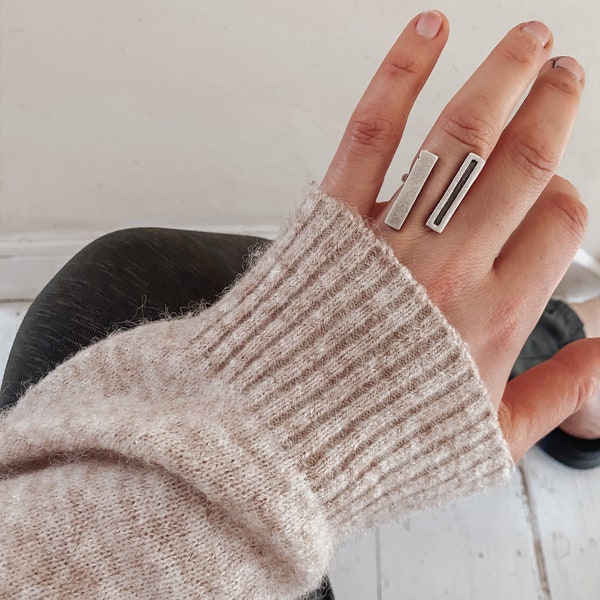 Vertical Double Bar Ring - silver plated statement ring, minimalist contemporary jewellery - a9C