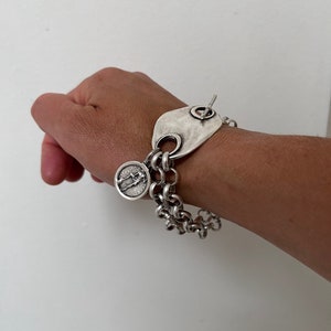 Chunky Double Chain Bracelet - hawser clasp statement bracelet, modern bold silver jewelry - C2