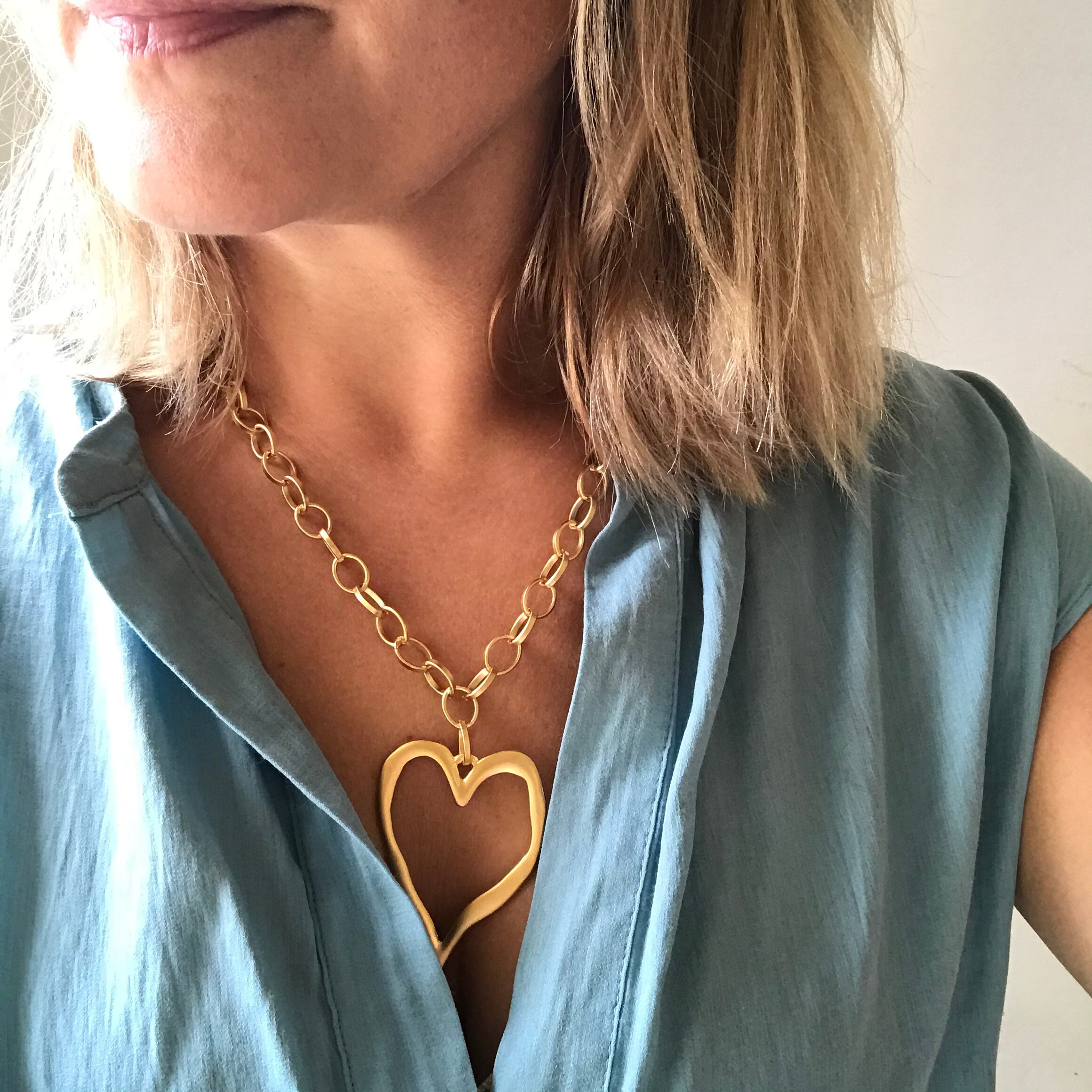 Oversized Heart Statement Necklace Matte Gold Chunky Chain Etsy