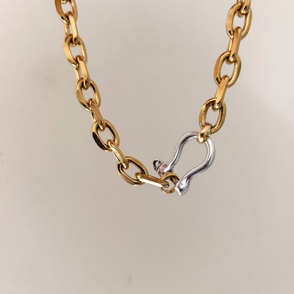 Collier à manilles en métal mixte - tour de cou à chaîne en or épais, collier bicolore, tour de cou mousqueton argenté, collier argent et or - A4