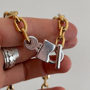 Gold Curb Chain Toggle Necklace - mixed metal modern choker