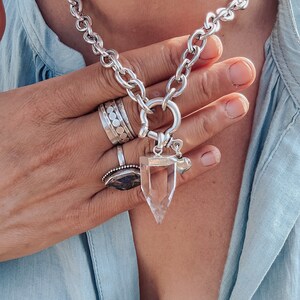 Chunky Quartz Point Shackle Necklace - thick chain bold edgy choker, modern contemporary crystal necklace - C1