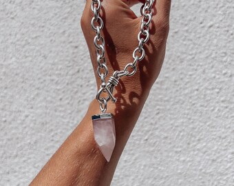 Rose Quartz Bullet Pendant Necklace - heavy thick chain statement choker, edgy pale pink gemstone