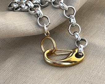 Bracciale a catena in metalli misti – bracciale con moschettone massiccio in argento e oro