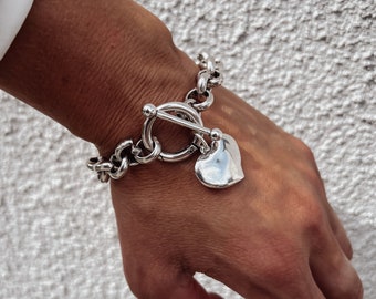 Chunky Chain Heart Bracelet - puff heart charm bracelet, thick heavy silver tone chain, statement chain bracelet