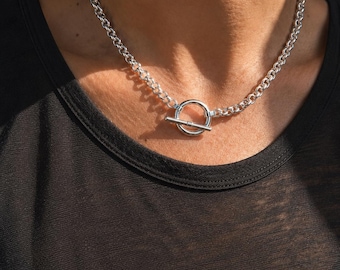 Chunky Silver Toggle Necklace, T Bar Necklace, Chunky Chain Necklace, Front Clasp Necklace, Modern Silver Jewellery
