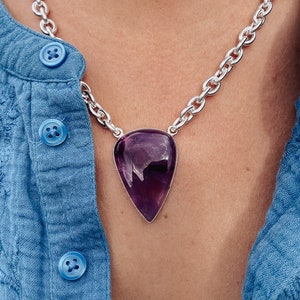Large Amethyst Statement Necklace - deep purple teardrop pendant, chunky gemstone choker, February birthstone gift