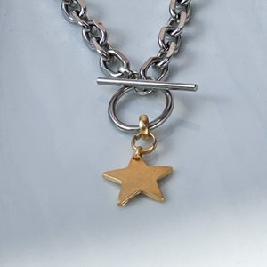 Chunky Chain Star Necklace - mixed metal choker, gold silver two tone necklace,  statement celestial jewellery