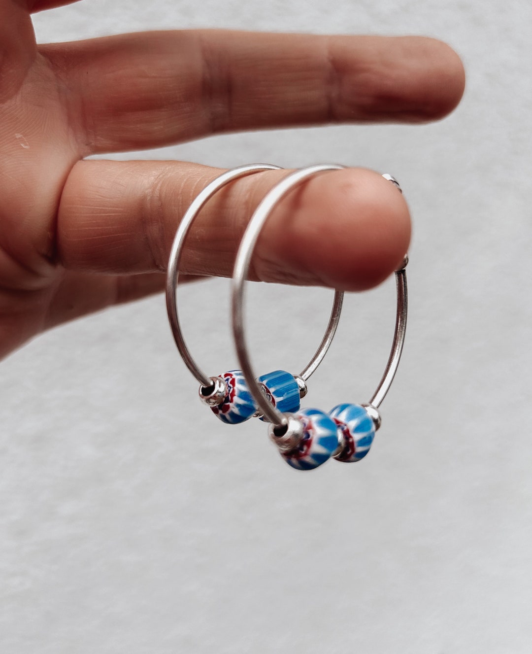 Blue Chevron Bead Large Hoops - Handmade Indian Bead Earrings, 40mm ...