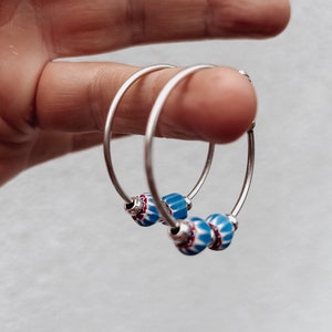 Blue Chevron Bead Large Hoops - handmade Indian bead earrings, 40mm 30mm matte silver hoops, boho beaded hoops