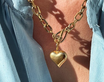 Chunky Gold Solid Heart Necklace - puff heart pendant, toggle clasp large heart necklace, gift for woman her wife