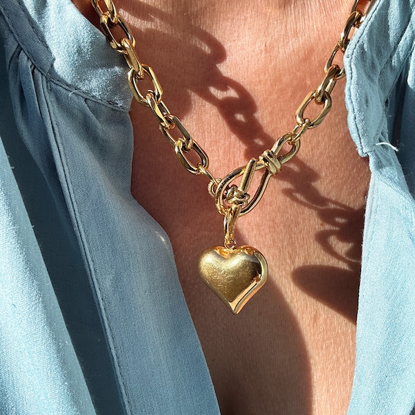 Chunky Gold Solid Heart Necklace - puff heart pendant, toggle clasp large heart necklace, gift for woman her wife