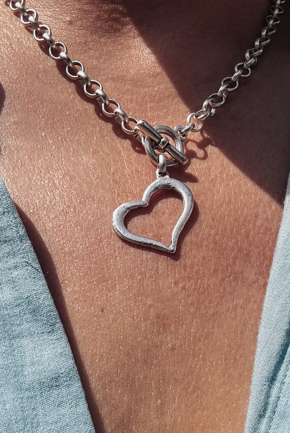 Hollow Heart T Bar Chain Necklace Antique Silver Plated Toggle - Main Image