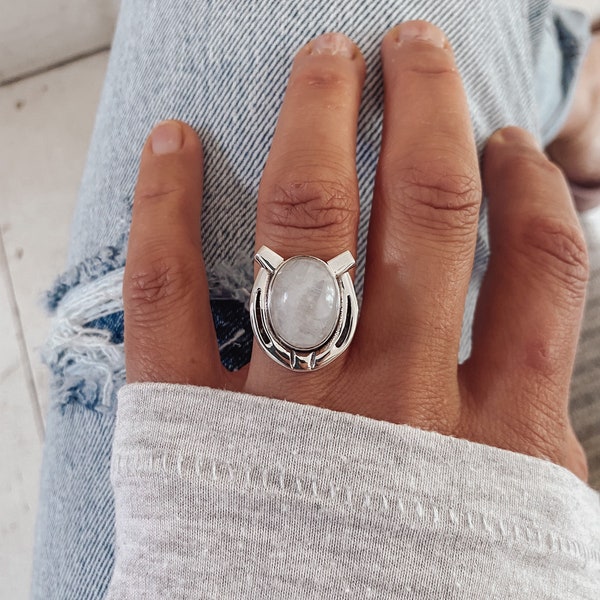 Horseshoe Moonstone Statement Ring - chunky sterling silver ring, good luck gift for woman, lucky talisman jewelry, christmas gift idea