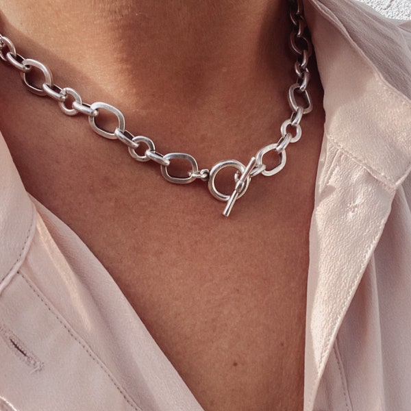 Misshapen Link Chain Choker - chunky silver plated statement necklace, simple t bar chain