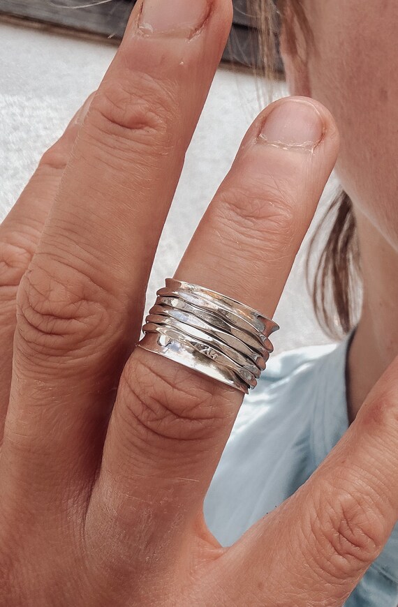 Wide Chunky Spinner Ring Hammered Band Spin Ring Silver Fidget Worry Ring Etsy Canada