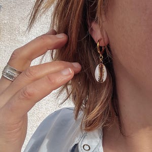 Gold Cowrie Shell Hoop Earrings – boho beach jewellery, puka shell drop hoops, summer holiday accessories