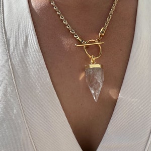 Clear Quartz Gold Bullet Necklace - rope chain quartz necklace, gold plated statement necklace