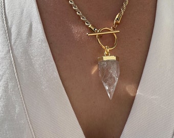 Clear Quartz Gold Bullet Necklace - rope chain quartz necklace, gold plated statement necklace