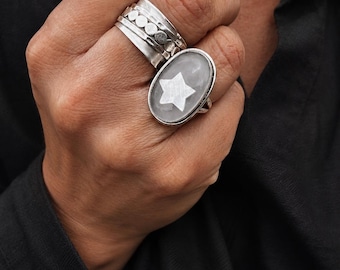 Star Domed Quartz Ring -  sterling silver quartz statement ring, celestial mother of pearl ring,