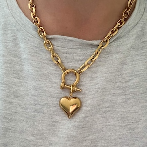 Chunky Gold Heart Shackle Necklace - plated stainless steel curb chain, t bar gold puff heart choker