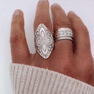 Antique Silver Mandala Ring - large diamond shape statement ring, boho adjustable silver band (A10E)