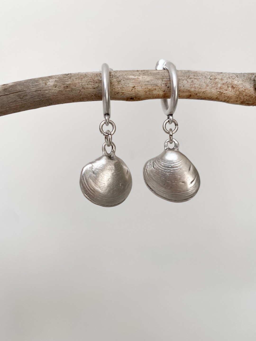 Silver Clam Shell Charm Hoops - Small Sea Shell Earrings, Matte Silver ...