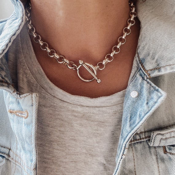 Chunky Silver Rolo Chain Choker Thick T Bar Belcher Necklace