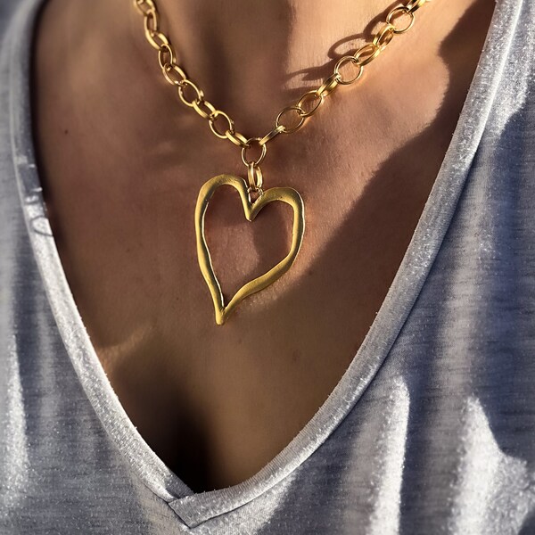 Large Hollow Heart Statement Necklace - oval link gold plated chunky chain, gift for woman mother's day, valentines gift wife girlfriend