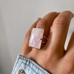 Rose Quartz Square Statement Ring, large rose quartz gemstone, chunky gemstone ring, January biorthstone