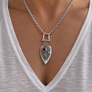 Abstract Heart Shackle Necklace - chunky silver chain evil eye pendant,