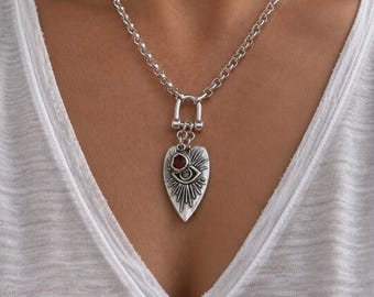 Abstract Heart Shackle Necklace - chunky silver chain evil eye pendant,