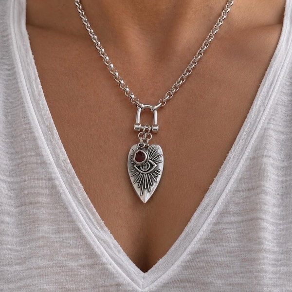 Abstract Heart Shackle Necklace - chunky silver chain evil eye pendant,