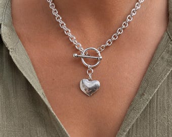 Puff Heart Chunky Chain Choker - statement heart chain t-bar necklace, silver tone thick chain