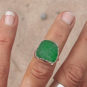 Perfectly Inperfect Sterling Silver Sea Glass Ring – chunky frosted green sea glass, UK N / US 7, boho beach jewellery,
