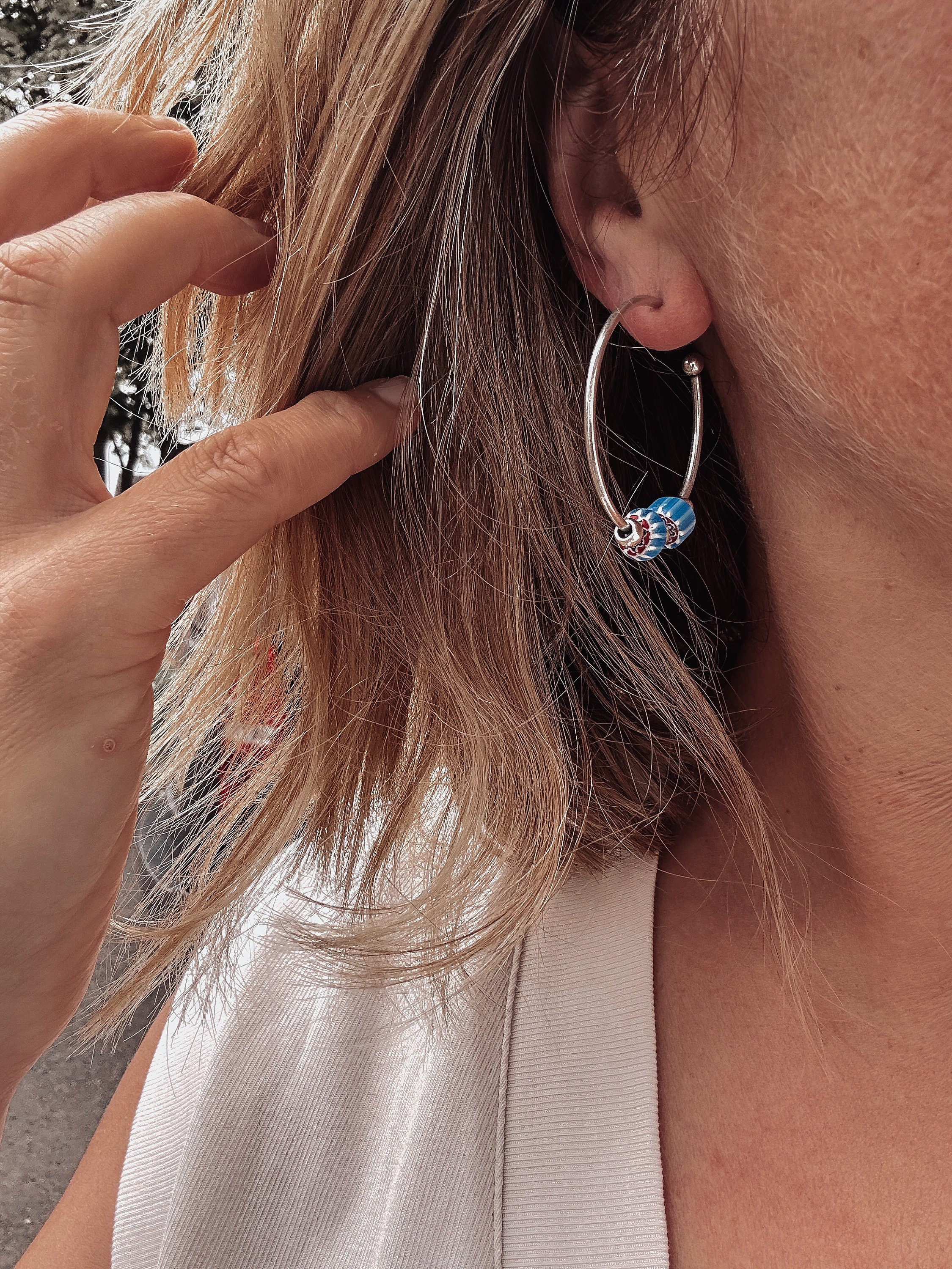 Blue Chevron Bead Large Hoops - Handmade Indian Bead Earrings, 40mm ...