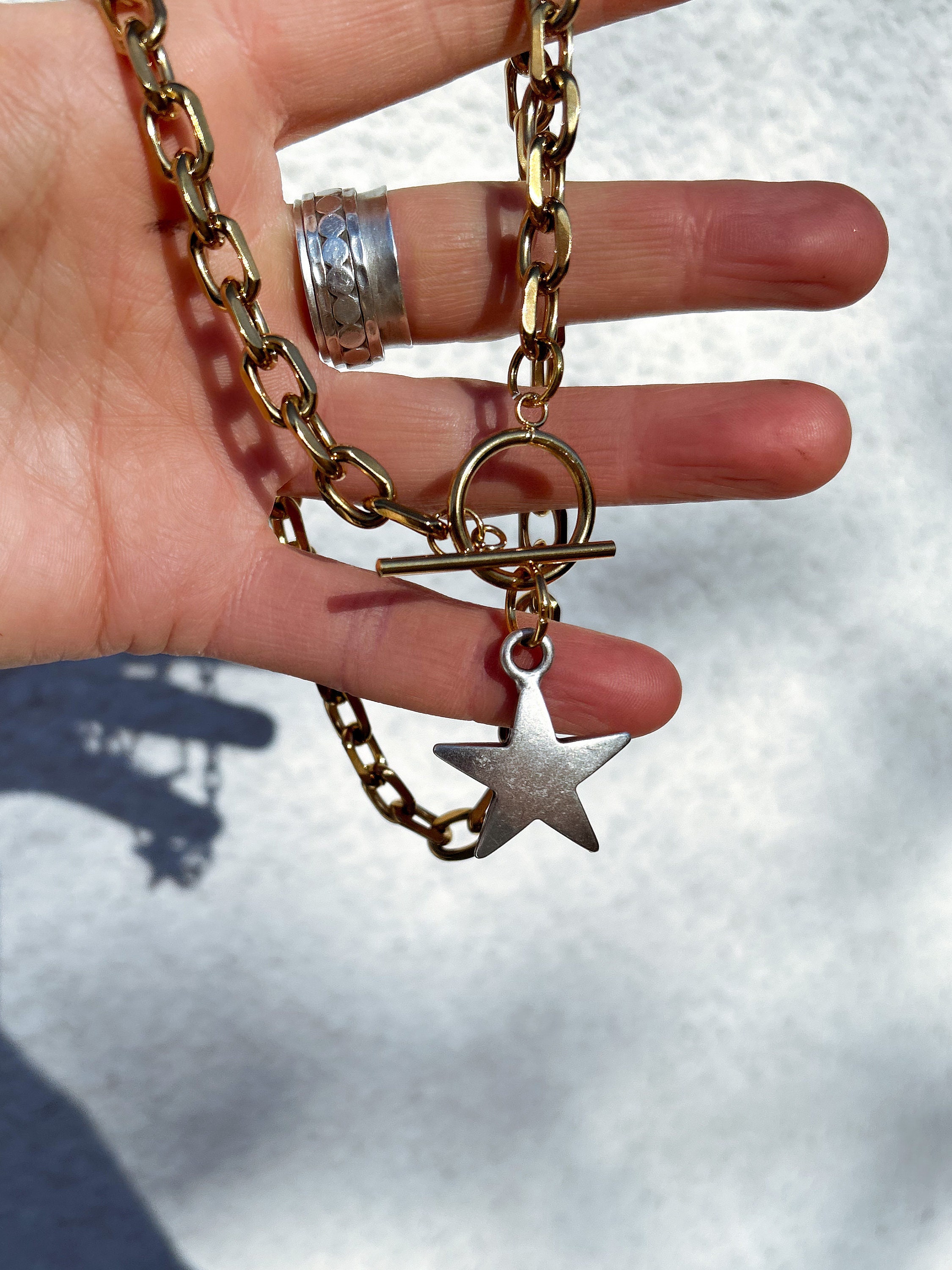 Mixed Metal Star Necklace - Chunky Gold Toggle Chain, Silver