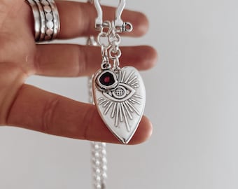 Collier chaîne abstrait coeur - grosse chaîne en argent pendentif mauvais œil, bohème