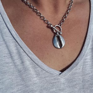 Cowrie Shell Pendant Necklace  - beach theme matte silver jewelry, toggle clasp simple silver choker