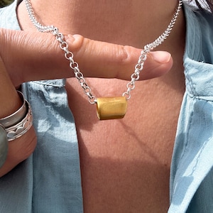 Silver Mixed Metal Minimalist Necklace - silver chain with gold bead, simple two tone layering necklace