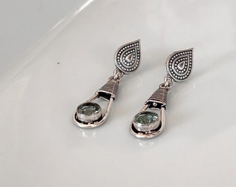 Pendentifs hippie améthyste verte - Boucles d'oreilles bohèmes, bijoux bohèmes en forme de larme argenté