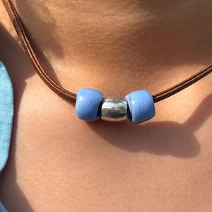 Chunky Blue Bead Cord Necklace - flat tan leather cord choker, handmade glass bead necklace