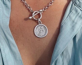 Matte Silver Medallion Necklace - boho t bar coin necklace, silver chain layering necklace, Ancient Greek style jewelry